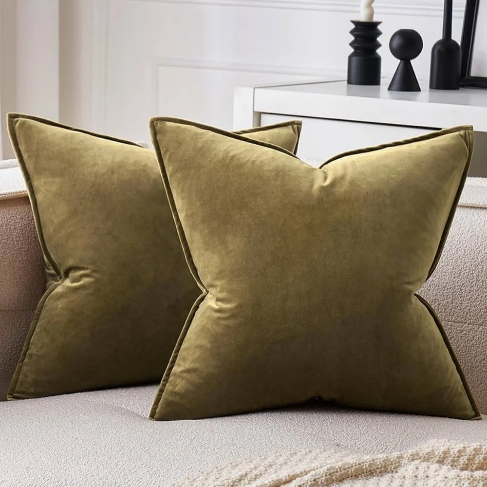 🆕 Olive Green VELVET Euro Accent Pillow Covers Luxury High End Hotel Vibes 26”